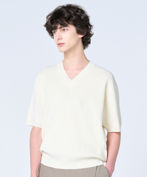 25 SS ウォッシャブルルーズフィット [Vネック] 半袖ニット (クリーム)