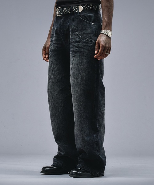 ANDER HUNK(アンダーハンク)の「13oz Whiskers Design Wide Denim Pants /13オンス ウィスカーズ デザインワイドデニムパンツ(デニムパンツ・メンズ・インディゴブルー/ブラック・SMALL/MEDIUM/LARGE)」の3枚目の写真