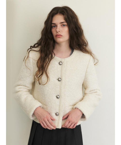 Trimmed Tweed Fur Jacket, Ivory
