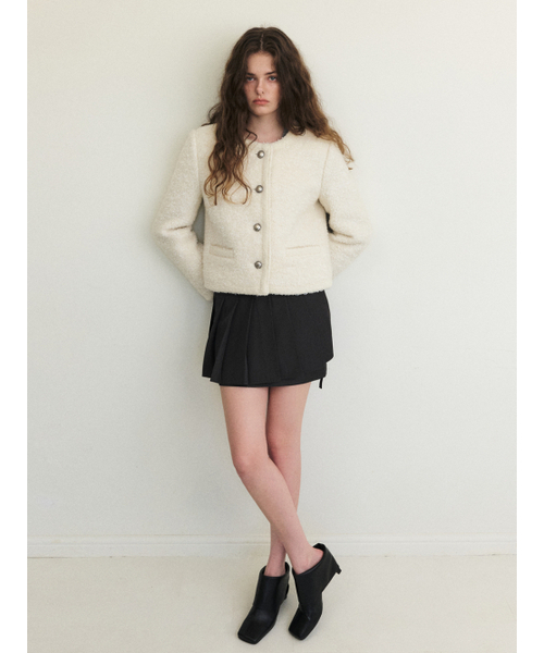 ETMON(エトモン)の「Trimmed Tweed Fur Jacket, Ivory(ムートンコート・レディース・その他・FREE)」の2枚目の写真
