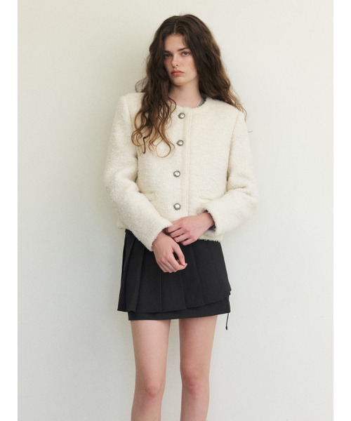 ETMON(エトモン)の「Trimmed Tweed Fur Jacket, Ivory(ムートンコート・レディース・その他・FREE)」の3枚目の写真