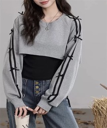 脇シャーリングインナー付き 袖リボンTシャツ セットアップ
