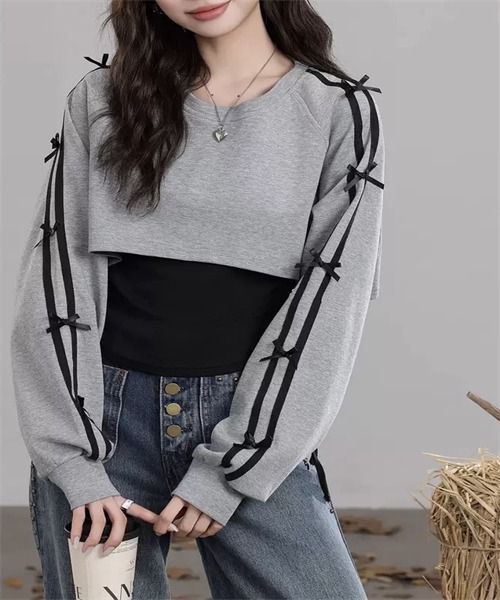 Dream garden(ドリームガーデン)の「脇シャーリングインナー付き 袖リボンTシャツ セットアップ(Tシャツ/カットソー・レディース・グレー・S/M/L/XL)」の1枚目の写真
