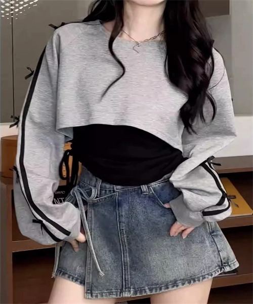 Dream garden(ドリームガーデン)の「脇シャーリングインナー付き 袖リボンTシャツ セットアップ(Tシャツ/カットソー・レディース・グレー・S/M/L/XL)」の5枚目の写真