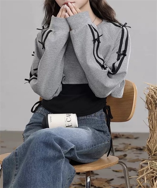 Dream garden(ドリームガーデン)の「脇シャーリングインナー付き 袖リボンTシャツ セットアップ(Tシャツ/カットソー・レディース・グレー・S/M/L/XL)」の8枚目の写真