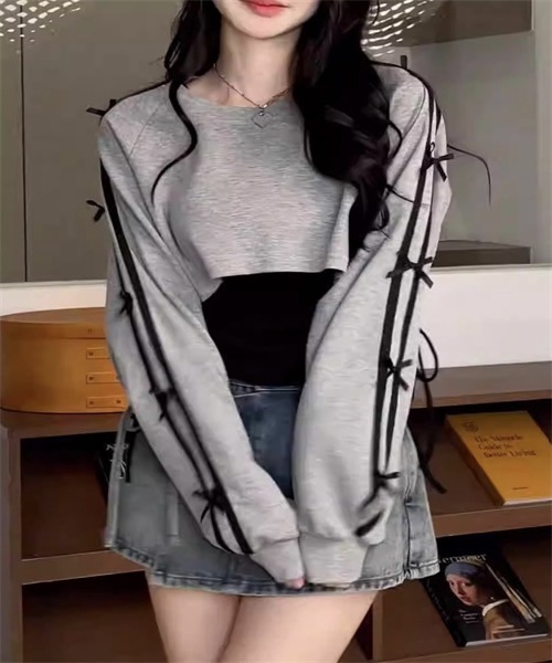 Dream garden(ドリームガーデン)の「脇シャーリングインナー付き 袖リボンTシャツ セットアップ(Tシャツ/カットソー・レディース・グレー・S/M/L/XL)」の4枚目の写真