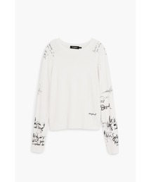 レタリングプリントリブTシャツ 白 黒