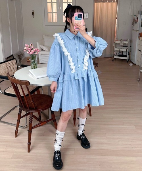Aelina(エリナ)の「かわいいパッチワークレーストリムストライプ柄シャツワンピース(ワンピース・レディース・ピンク/ブルー・FREE)」の7枚目の写真