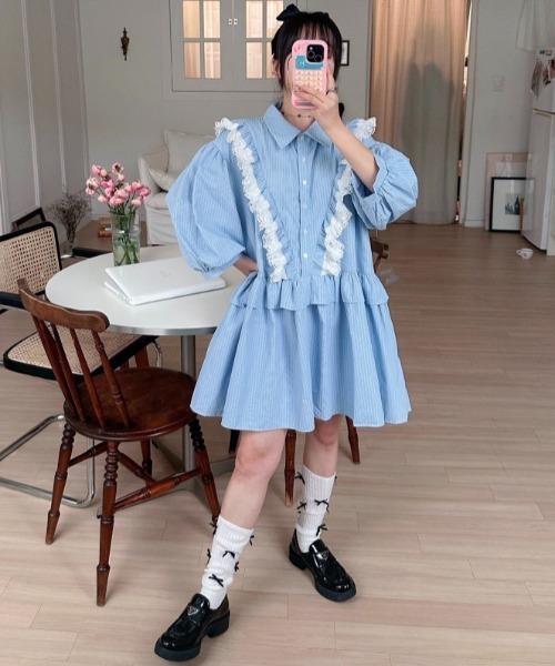 Aelina(エリナ)の「かわいいパッチワークレーストリムストライプ柄シャツワンピース(ワンピース・レディース・ピンク/ブルー・FREE)」の8枚目の写真