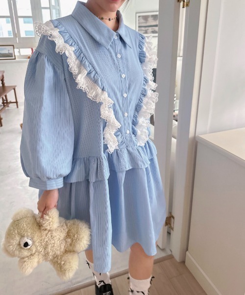 Aelina(エリナ)の「かわいいパッチワークレーストリムストライプ柄シャツワンピース(ワンピース・レディース・ピンク/ブルー・FREE)」の12枚目の写真