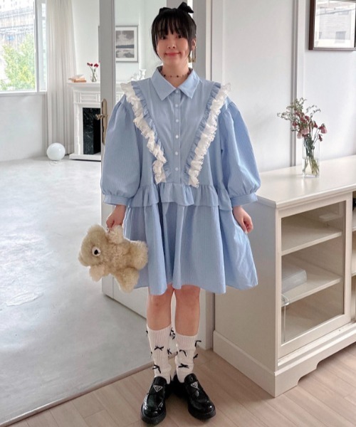 Aelina(エリナ)の「かわいいパッチワークレーストリムストライプ柄シャツワンピース(ワンピース・レディース・ピンク/ブルー・FREE)」の14枚目の写真