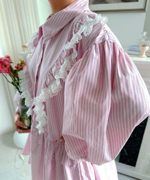 Aelina(エリナ)の「かわいいパッチワークレーストリムストライプ柄シャツワンピース(ワンピース・レディース・ピンク/ブルー・FREE)」の20枚目の写真