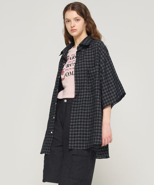 CARGOBROS FOR WOMAN(カーゴブロスフォーウィメン)の「アメリカンチェックオーバーサイズ半袖シャツ(ブラック)(シャツ/ブラウス・レディース・その他・FREE)」の3枚目の写真