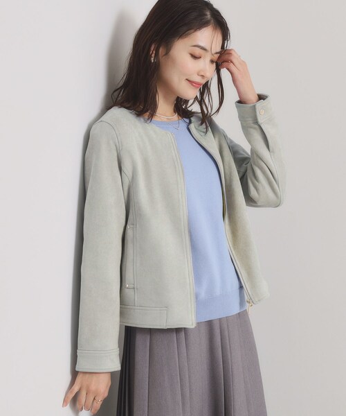 ITS'DEMO(イッツデモ)の「カットスエードジャケット(ノーカラージャケット・レディース・グリーン系/アイボリー/ベビーピンク・00)」の2枚目の写真