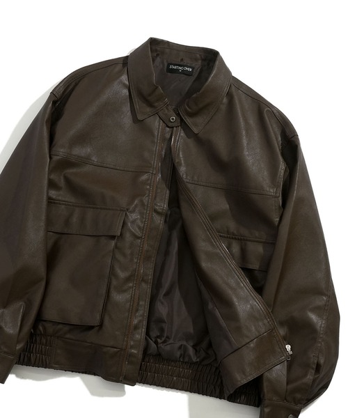 おしゃれスタ(オシャレスタ)の「2WAY ヴィンテージライク PU レザー 襟ボア ブルゾン/レザレット ブルゾン オーバーサイズ メンズ レディース(ブルゾン・メンズ・ブラック/ブラウン・L/M)」の2枚目の写真