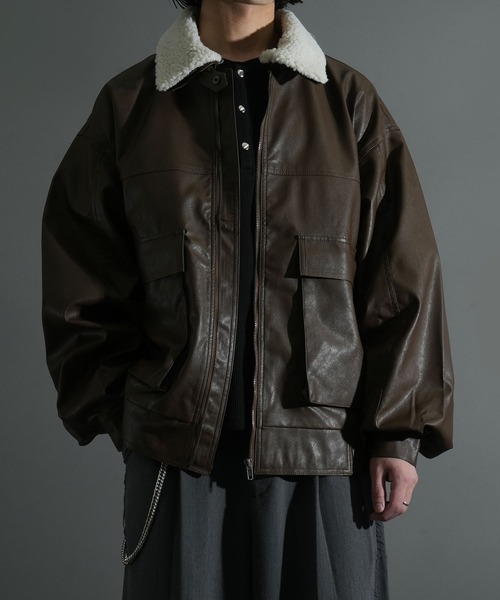 おしゃれスタ(オシャレスタ)の「2WAY ヴィンテージライク PU レザー 襟ボア ブルゾン/レザレット ブルゾン オーバーサイズ メンズ レディース(ブルゾン・メンズ・ブラック/ブラウン・L/M)」の3枚目の写真