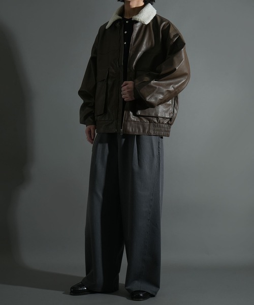 おしゃれスタ(オシャレスタ)の「2WAY ヴィンテージライク PU レザー 襟ボア ブルゾン/レザレット ブルゾン オーバーサイズ メンズ レディース(ブルゾン・メンズ・ブラック/ブラウン・L/M)」の4枚目の写真