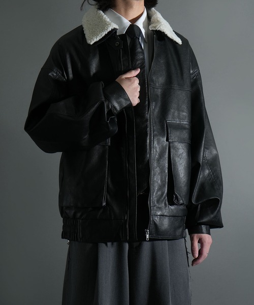 おしゃれスタ(オシャレスタ)の「2WAY ヴィンテージライク PU レザー 襟ボア ブルゾン/レザレット ブルゾン オーバーサイズ メンズ レディース(ブルゾン・メンズ・ブラック/ブラウン・L/M)」の9枚目の写真