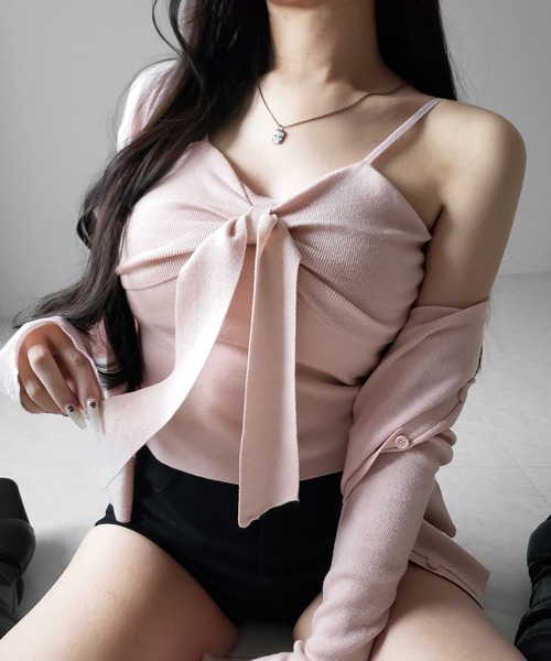 me+em select（ミームセレクト）の「【 ２点セット 】リボンニットキャミソール ＋ カーディガンセット ／ribbon knit camisole + cardigan SET（アンサンブル・レディース・アイボリー/ブラック/ピンク・FREE）」の3枚目の写真