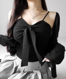me+em select（ミームセレクト）の「【 ２点セット 】リボンニットキャミソール ＋ カーディガンセット ／ribbon knit camisole + cardigan SET（アンサンブル）」