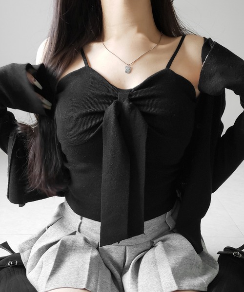 me+em select（ミームセレクト）の「【 ２点セット 】リボンニットキャミソール ＋ カーディガンセット ／ribbon knit camisole + cardigan SET（アンサンブル・レディース・アイボリー/ブラック/ピンク・FREE）」の16枚目の写真