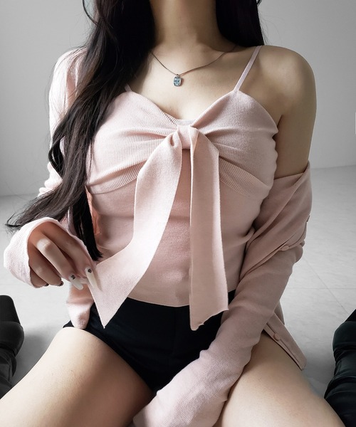 me+em select（ミームセレクト）の「【 ２点セット 】リボンニットキャミソール ＋ カーディガンセット ／ribbon knit camisole + cardigan SET（アンサンブル・レディース・アイボリー/ブラック/ピンク・FREE）」の9枚目の写真
