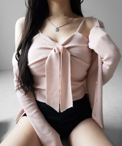 me+em select（ミームセレクト）の「【 ２点セット 】リボンニットキャミソール ＋ カーディガンセット ／ribbon knit camisole + cardigan SET（アンサンブル・レディース・アイボリー/ブラック/ピンク・FREE）」の10枚目の写真