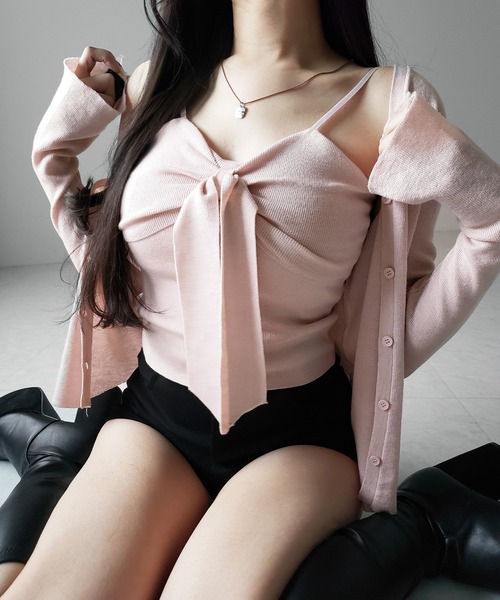 me+em select（ミームセレクト）の「【 ２点セット 】リボンニットキャミソール ＋ カーディガンセット ／ribbon knit camisole + cardigan SET（アンサンブル・レディース・アイボリー/ブラック/ピンク・FREE）」の8枚目の写真