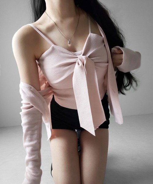 me+em select（ミームセレクト）の「【 ２点セット 】リボンニットキャミソール ＋ カーディガンセット ／ribbon knit camisole + cardigan SET（アンサンブル・レディース・アイボリー/ブラック/ピンク・FREE）」の11枚目の写真