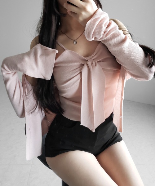me+em select（ミームセレクト）の「【 ２点セット 】リボンニットキャミソール ＋ カーディガンセット ／ribbon knit camisole + cardigan SET（アンサンブル・レディース・アイボリー/ブラック/ピンク・FREE）」の13枚目の写真