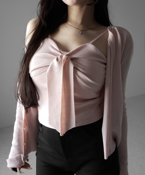 me+em select（ミームセレクト）の「【 ２点セット 】リボンニットキャミソール ＋ カーディガンセット ／ribbon knit camisole + cardigan SET（アンサンブル・レディース・アイボリー/ブラック/ピンク・FREE）」の14枚目の写真