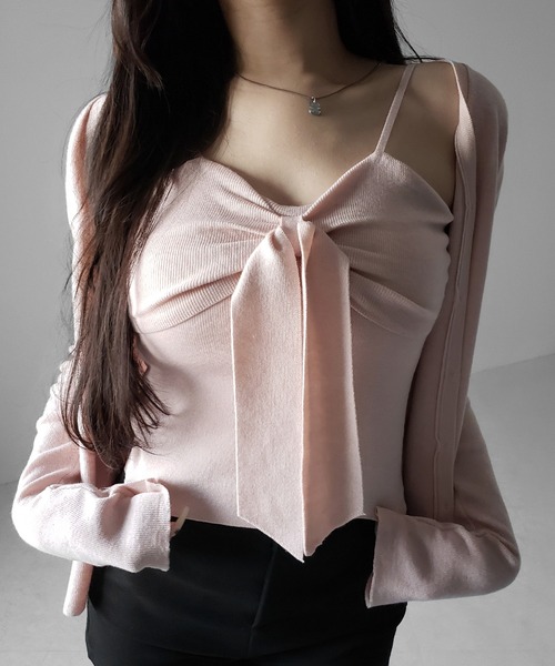 me+em select（ミームセレクト）の「【 ２点セット 】リボンニットキャミソール ＋ カーディガンセット ／ribbon knit camisole + cardigan SET（アンサンブル・レディース・アイボリー/ブラック/ピンク・FREE）」の15枚目の写真