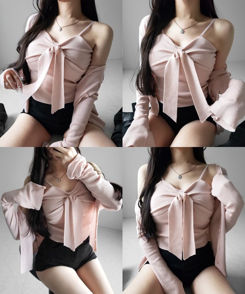 me+em select（ミームセレクト）の「【 ２点セット 】リボンニットキャミソール ＋ カーディガンセット ／ribbon knit camisole + cardigan SET（アンサンブル・レディース・アイボリー/ブラック/ピンク・FREE）」の5枚目の写真