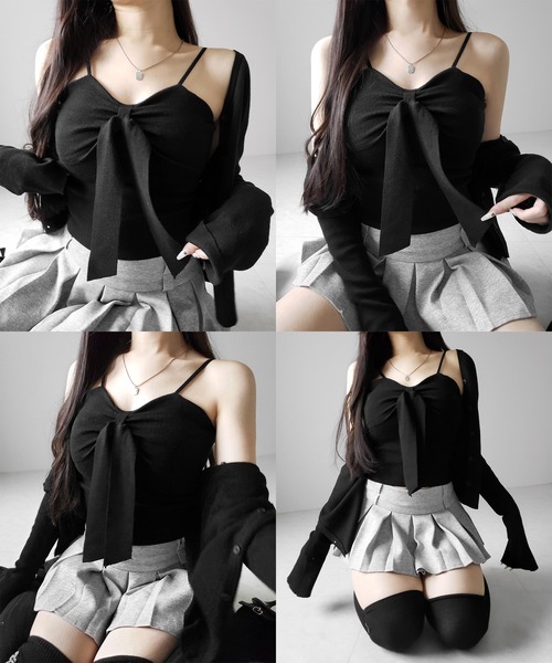 me+em select（ミームセレクト）の「【 ２点セット 】リボンニットキャミソール ＋ カーディガンセット ／ribbon knit camisole + cardigan SET（アンサンブル・レディース・アイボリー/ブラック/ピンク・FREE）」の6枚目の写真