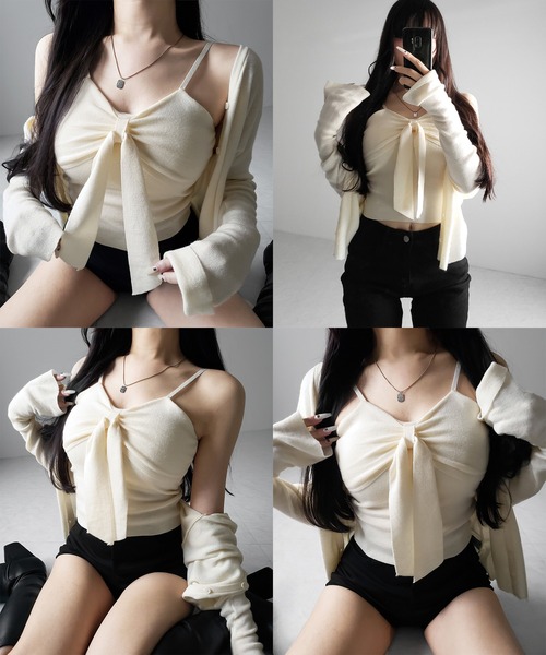 me+em select（ミームセレクト）の「【 ２点セット 】リボンニットキャミソール ＋ カーディガンセット ／ribbon knit camisole + cardigan SET（アンサンブル・レディース・アイボリー/ブラック/ピンク・FREE）」の7枚目の写真