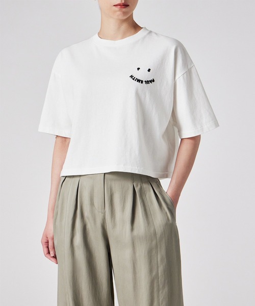 PS Paul Smith（ピーエスポールスミス）の「ウィメンズ "Happy" クロップド 半袖Tシャツ / 255406 J340S（Tシャツ/カットソー・レディース・ネイビー/オフホワイト・SMALL/MEDIUM）」の6枚目の写真
