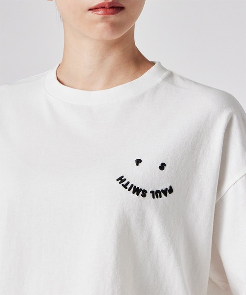PS Paul Smith（ピーエスポールスミス）の「ウィメンズ "Happy" クロップド 半袖Tシャツ / 255406 J340S（Tシャツ/カットソー・レディース・ネイビー/オフホワイト・SMALL/MEDIUM）」の8枚目の写真