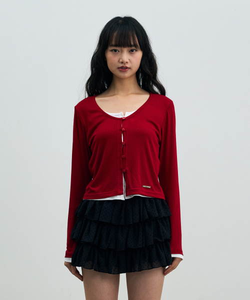 ARI(アリ)の「LYLA LAYERED CARDIGAN / RED-WHITE(カーディガン/ボレロ・レディース・レッド・FREE)」の1枚目の写真