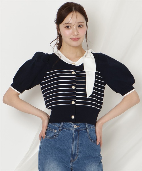 WILLSELECTION（ウィルセレクション）の「リボンパフカーディガン（カーディガン/ボレロ・レディース・ピンク/ネイビー×ホワイト/ピンクベージュ/ミント/ブラック/レッド/ネイビー/サックスブルー・FREE）」の6枚目の写真