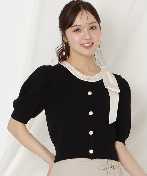 WILLSELECTION（ウィルセレクション）の「リボンパフカーディガン（カーディガン/ボレロ・レディース・ピンク/ネイビー×ホワイト/ピンクベージュ/ミント/ブラック/レッド/ネイビー/サックスブルー・FREE）」の2枚目の写真