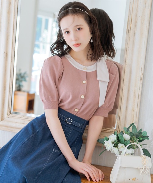 WILLSELECTION（ウィルセレクション）の「リボンパフカーディガン（カーディガン/ボレロ・レディース・ピンク/ネイビー×ホワイト/ピンクベージュ/ミント/ブラック/レッド/ネイビー/サックスブルー・FREE）」の9枚目の写真