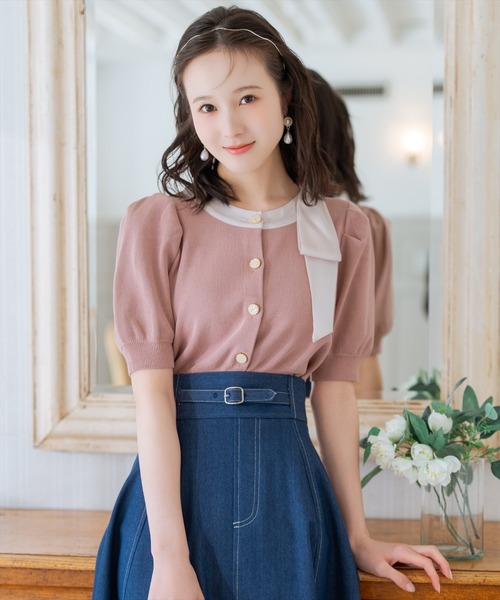 WILLSELECTION（ウィルセレクション）の「リボンパフカーディガン（カーディガン/ボレロ・レディース・ピンク/ネイビー×ホワイト/ピンクベージュ/ミント/ブラック/レッド/ネイビー/サックスブルー・FREE）」の10枚目の写真