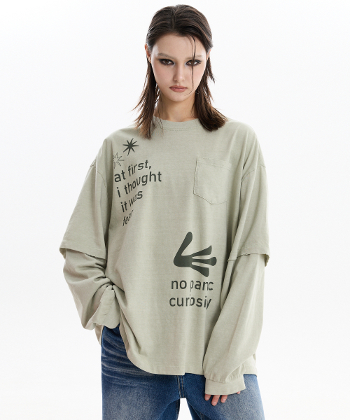 HOODHOOD(フッドフッド)の「エイリアンハンズ レイヤードピグメントロングスリーブTシャツ カーキ(Tシャツ/カットソー・レディース・その他・1/2)」の1枚目の写真