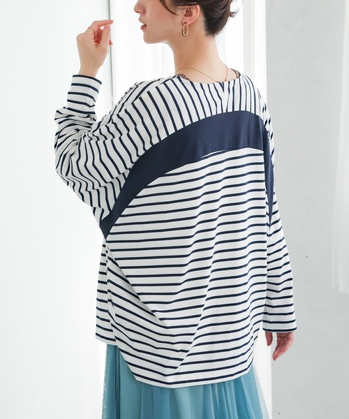 n'OrLABEL(ノアールレーベル)の「切替配色ボーダードルマントップス(Tシャツ/カットソー・レディース・グリーン/ネイビー/ブラック・FREE)」の1枚目の写真