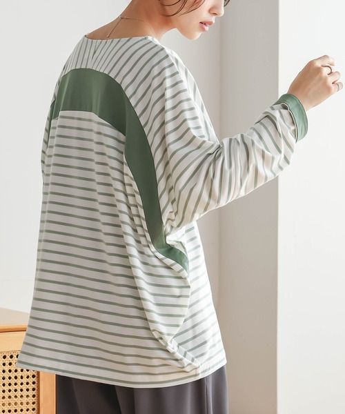 n'OrLABEL(ノアールレーベル)の「切替配色ボーダードルマントップス(Tシャツ/カットソー・レディース・グリーン/ネイビー/ブラック・FREE)」の3枚目の写真