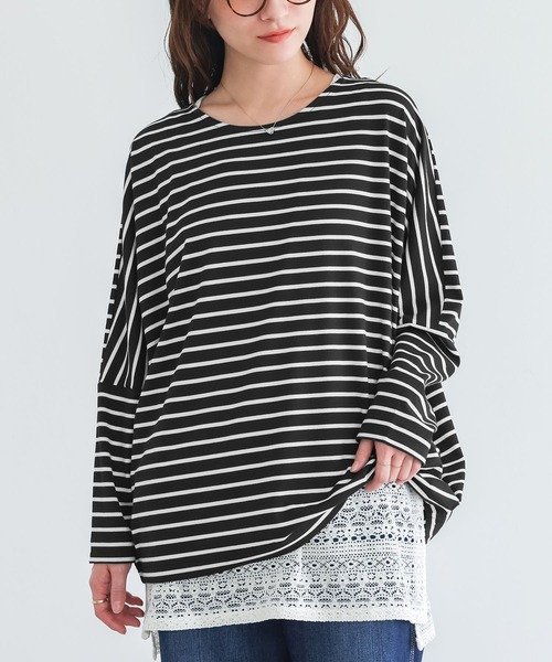 n'OrLABEL(ノアールレーベル)の「切替配色ボーダードルマントップス(Tシャツ/カットソー・レディース・グリーン/ネイビー/ブラック・FREE)」の2枚目の写真