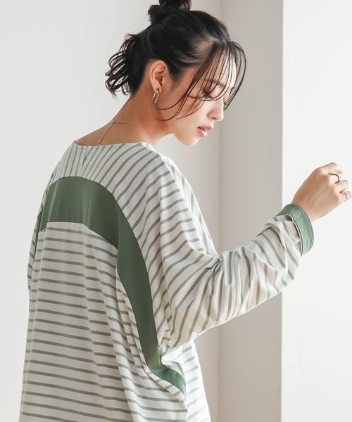 n'OrLABEL(ノアールレーベル)の「切替配色ボーダードルマントップス(Tシャツ/カットソー・レディース・グリーン/ネイビー/ブラック・FREE)」の9枚目の写真