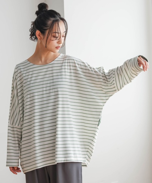 n'OrLABEL(ノアールレーベル)の「切替配色ボーダードルマントップス(Tシャツ/カットソー・レディース・グリーン/ネイビー/ブラック・FREE)」の10枚目の写真