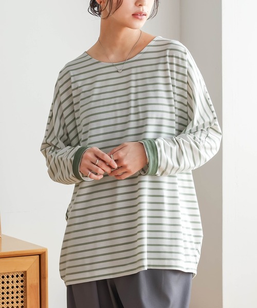 n'OrLABEL(ノアールレーベル)の「切替配色ボーダードルマントップス(Tシャツ/カットソー・レディース・グリーン/ネイビー/ブラック・FREE)」の11枚目の写真