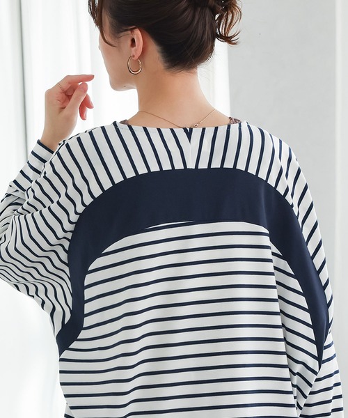 n'OrLABEL(ノアールレーベル)の「切替配色ボーダードルマントップス(Tシャツ/カットソー・レディース・グリーン/ネイビー/ブラック・FREE)」の16枚目の写真